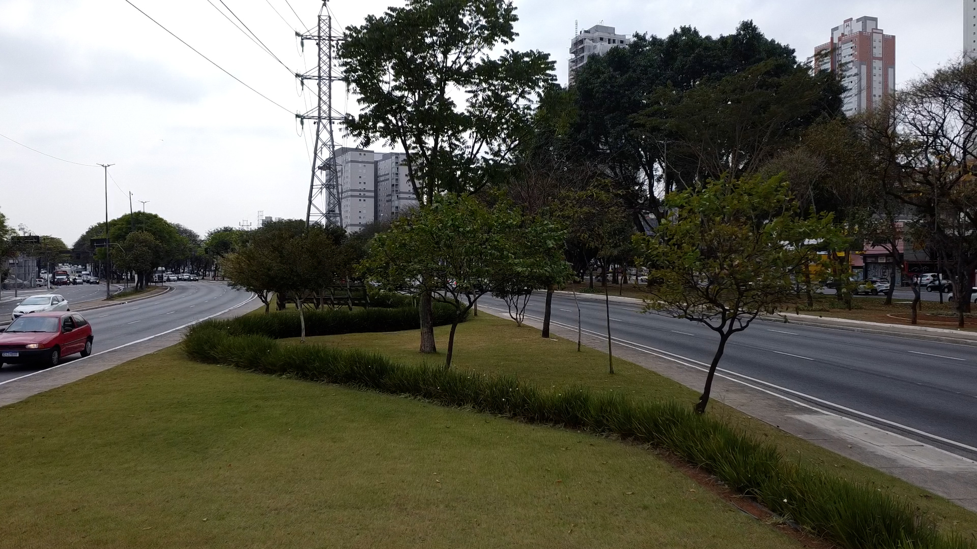 Avenida ampla e arborizada com um canteiro central bem cuidado, repleto de grama verde e árvores de diferentes portes. No fundo, é possível ver prédios residenciais e comerciais, além de postes de energia e fiação elétrica. O tráfego na via é moderado, com alguns carros circulando. O cenário urbano é complementado por um céu nublado, conferindo um tom neutro à paisagem.